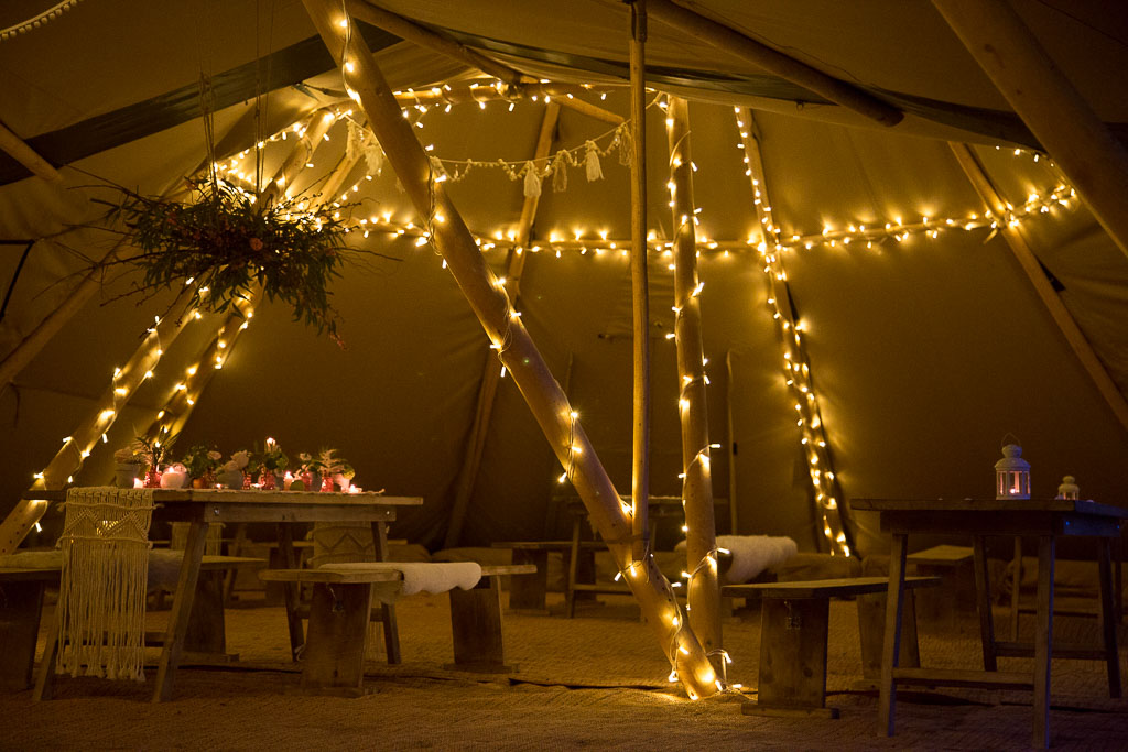 Internal NighttimeTipi Wedding Scene with Fairylights