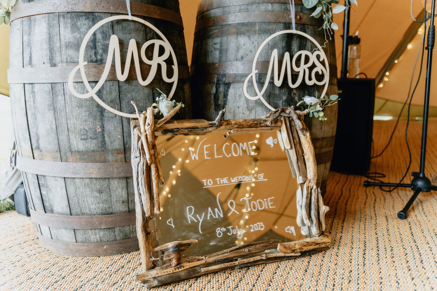 Mr & Mrs Welcome To Our Wedding Mirror, wedding tipis, tipi wedding venues, outdoor wedding venues near me, apple orchard wedding, relaxed wedding venues